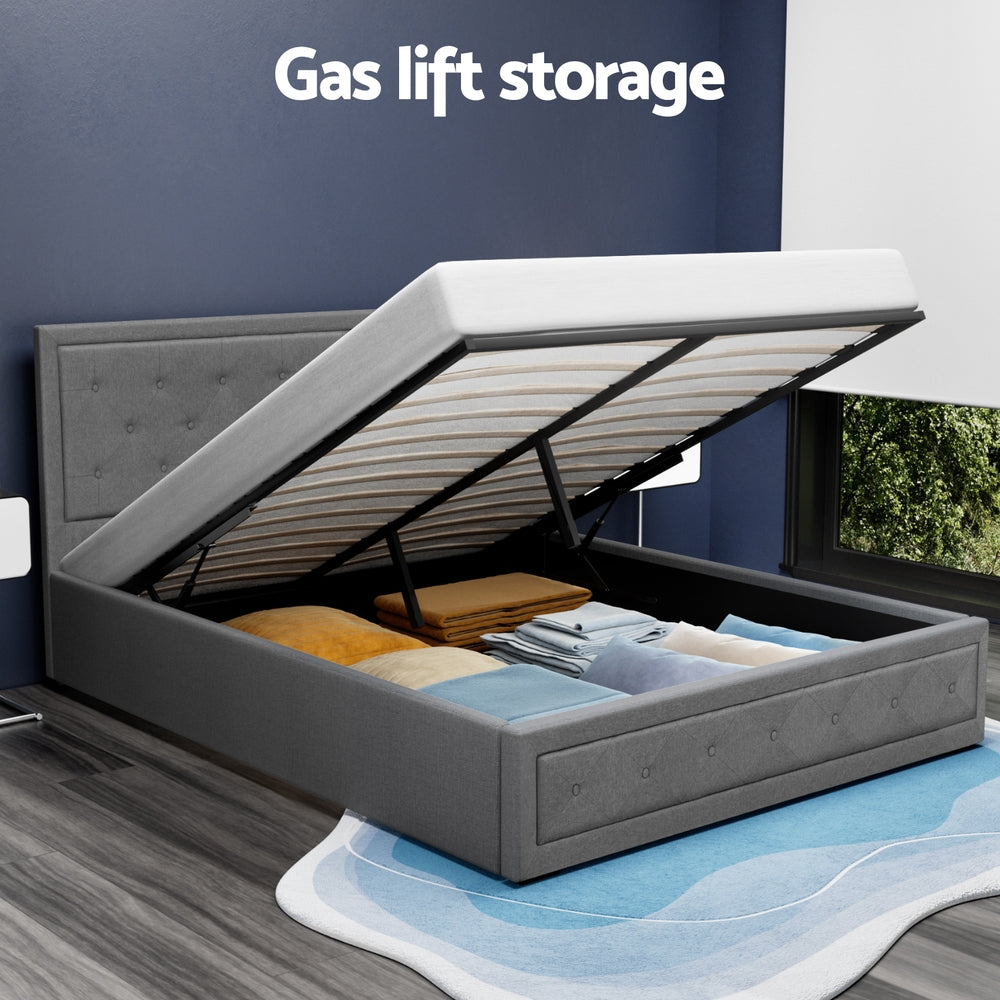 Artiss Tiyo Bed Frame Fabric Gas Lift Storage - Grey Queen-Bed Frames-PEROZ Accessories
