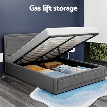 Artiss Tiyo Bed Frame Fabric Gas Lift Storage - Grey Queen-Bed Frames-PEROZ Accessories