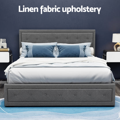 Artiss Tiyo Bed Frame Fabric Gas Lift Storage - Grey Queen-Bed Frames-PEROZ Accessories