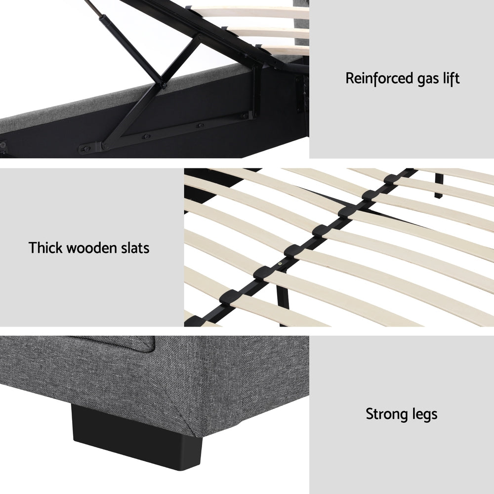 Artiss Tiyo Bed Frame Fabric Gas Lift Storage - Grey Queen-Bed Frames-PEROZ Accessories