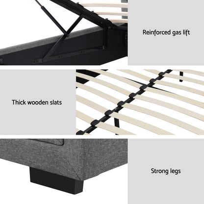 Artiss Tiyo Bed Frame Fabric Gas Lift Storage - Grey Queen-Bed Frames-PEROZ Accessories