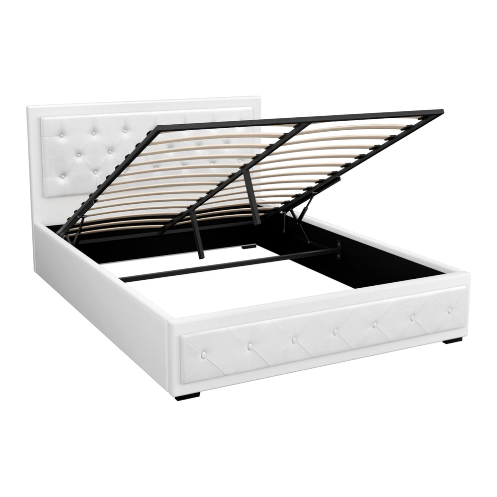 Artiss Tiyo Bed Frame PU Leather Gas Lift Storage - White Queen-Bed Frames-PEROZ Accessories