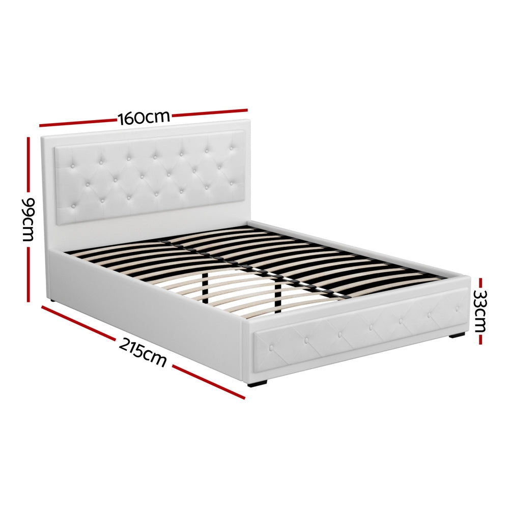 Artiss Tiyo Bed Frame PU Leather Gas Lift Storage - White Queen-Bed Frames-PEROZ Accessories