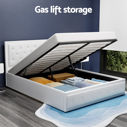 Artiss Tiyo Bed Frame PU Leather Gas Lift Storage - White Queen-Bed Frames-PEROZ Accessories