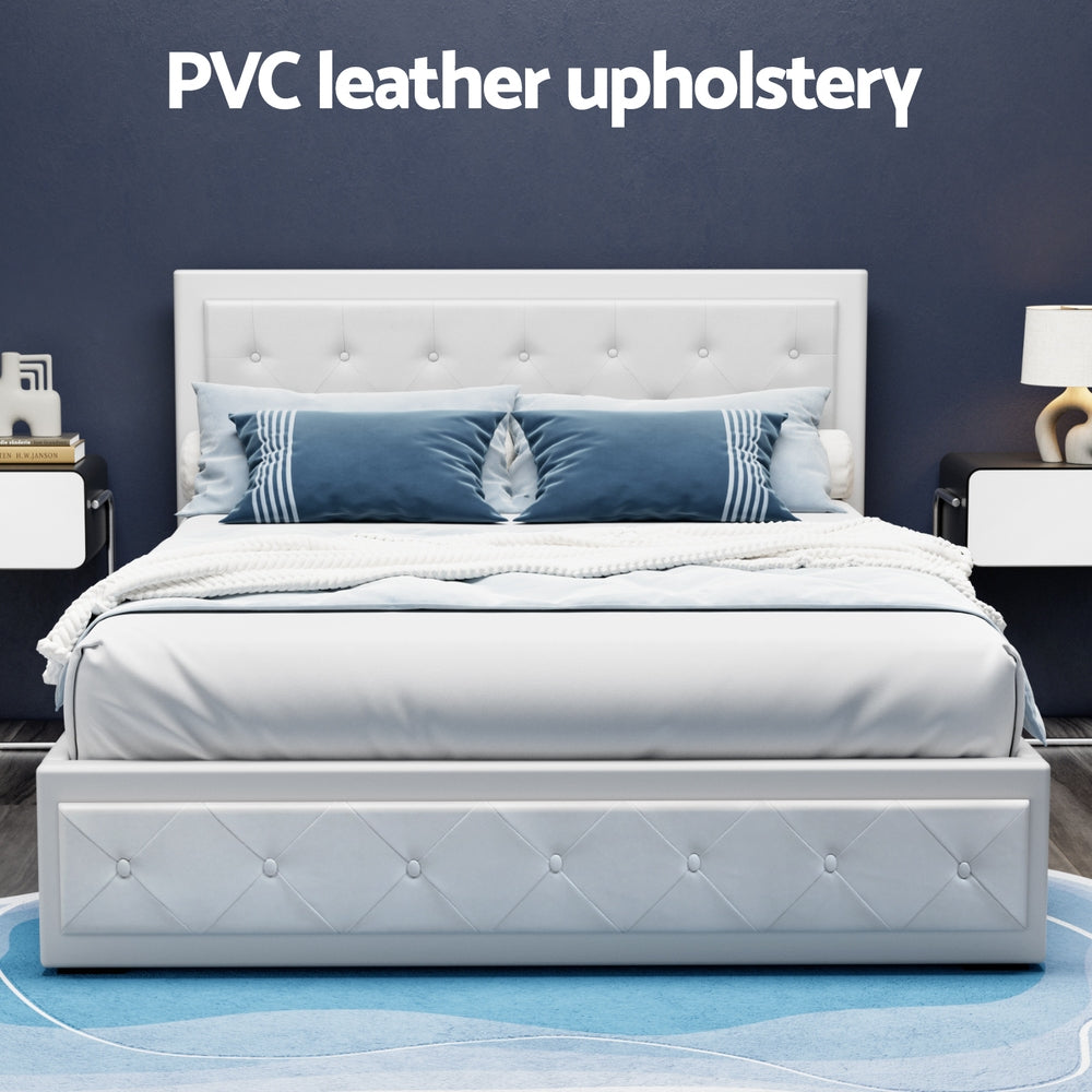 Artiss Tiyo Bed Frame PU Leather Gas Lift Storage - White Queen-Bed Frames-PEROZ Accessories