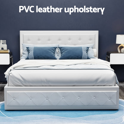 Artiss Tiyo Bed Frame PU Leather Gas Lift Storage - White Queen-Bed Frames-PEROZ Accessories