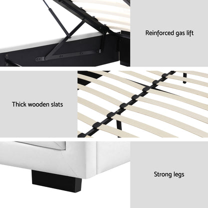 Artiss Tiyo Bed Frame PU Leather Gas Lift Storage - White Queen-Bed Frames-PEROZ Accessories