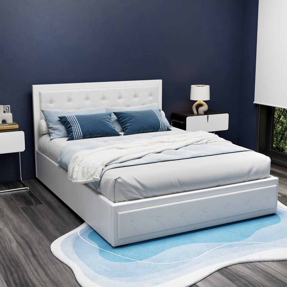 Artiss Tiyo Bed Frame PU Leather Gas Lift Storage - White Queen-Bed Frames-PEROZ Accessories