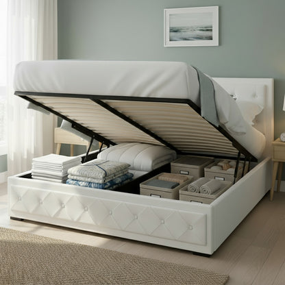 Artiss Tiyo Bed Frame PU Leather Gas Lift Storage - White Queen-Bed Frames-PEROZ Accessories