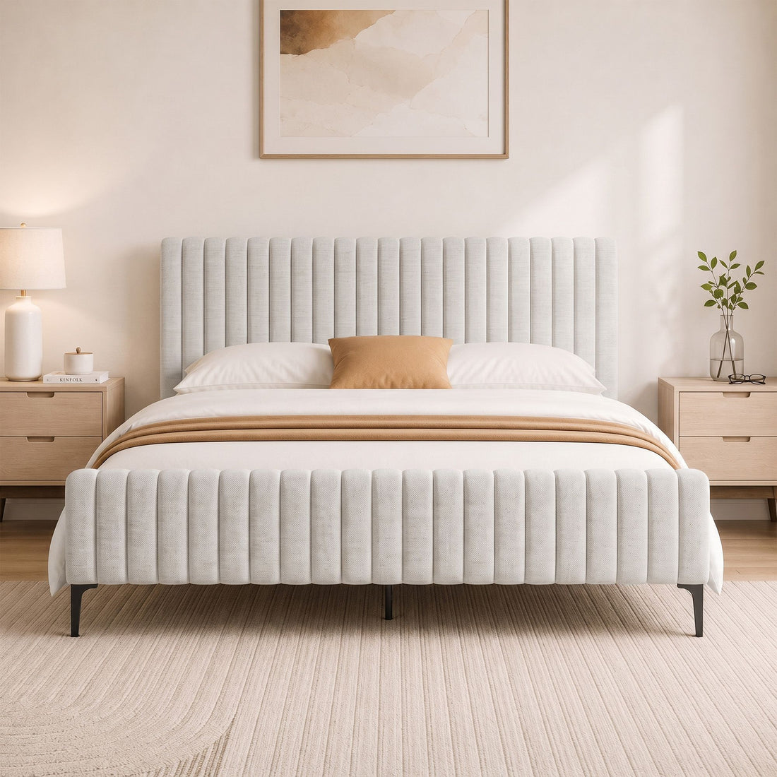 Artiss Bed Frame King Bed Base w Headboard Beige Fabric Wooden Slats Metal Legs-Furniture > Bedroom-PEROZ Accessories