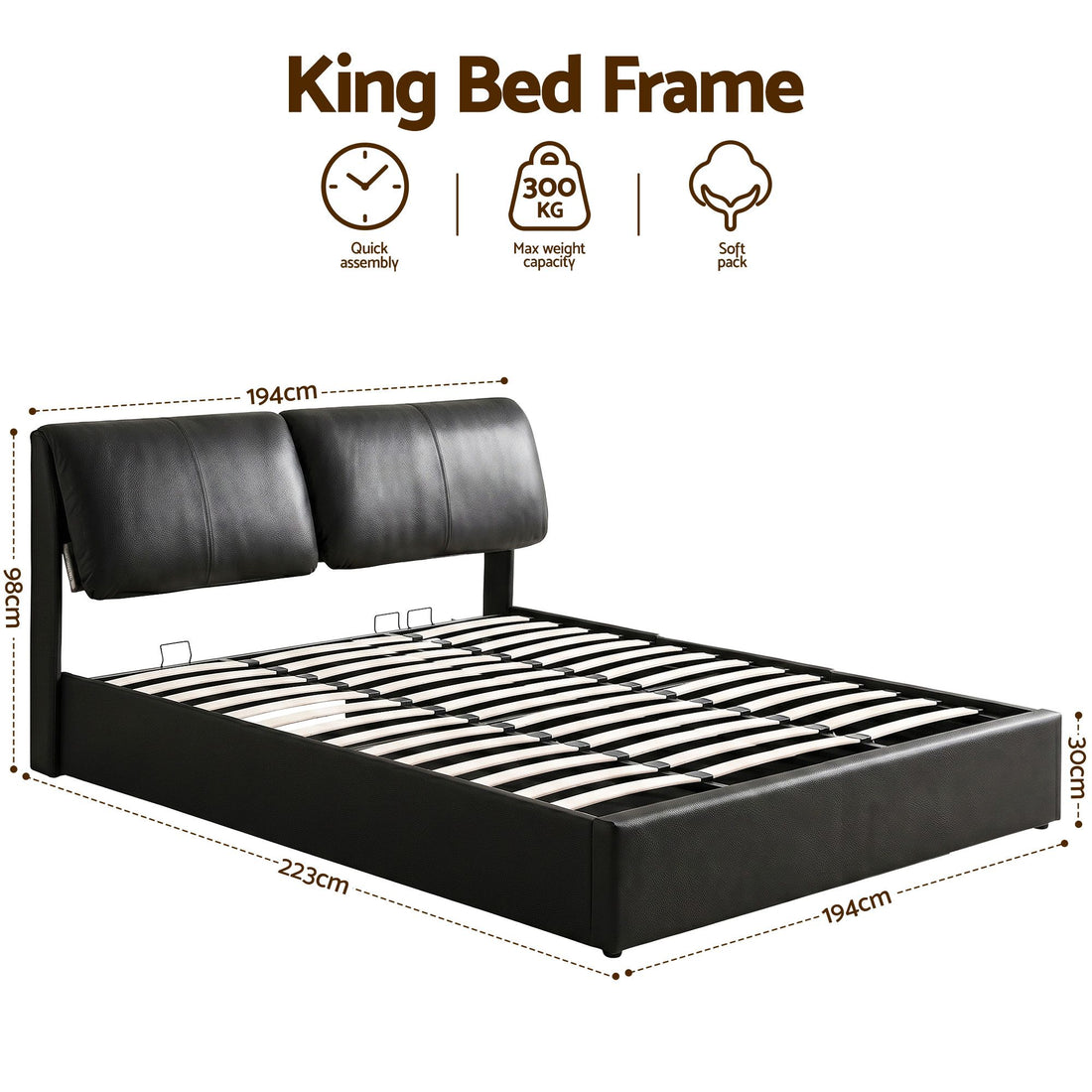 Artiss King Bed Frame Gas Lift Storage 3 Drawers Adjustable Headboard Platform Bed Black-Furniture > Bedroom > Beds &amp; Bed Frames-PEROZ Accessories
