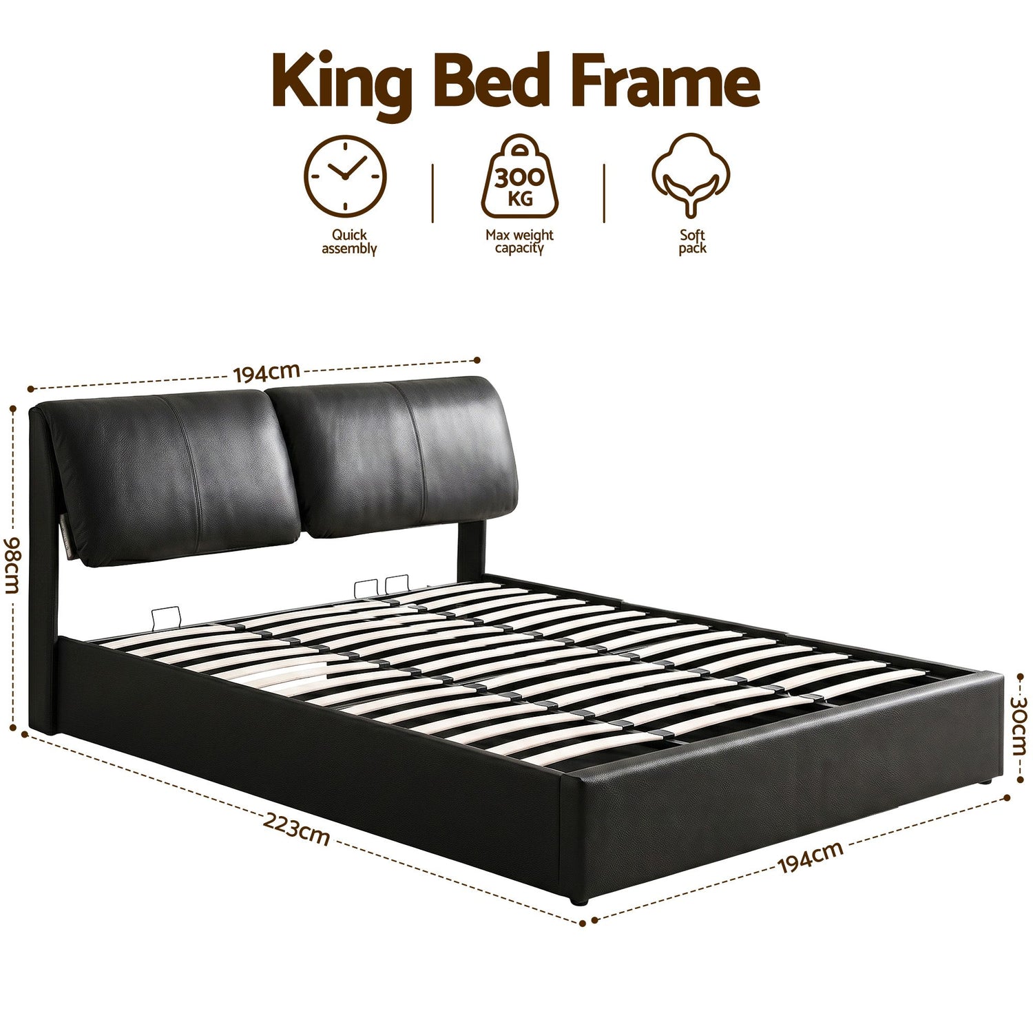 Artiss King Bed Frame Gas Lift Storage 3 Drawers Adjustable Headboard Platform Bed Black