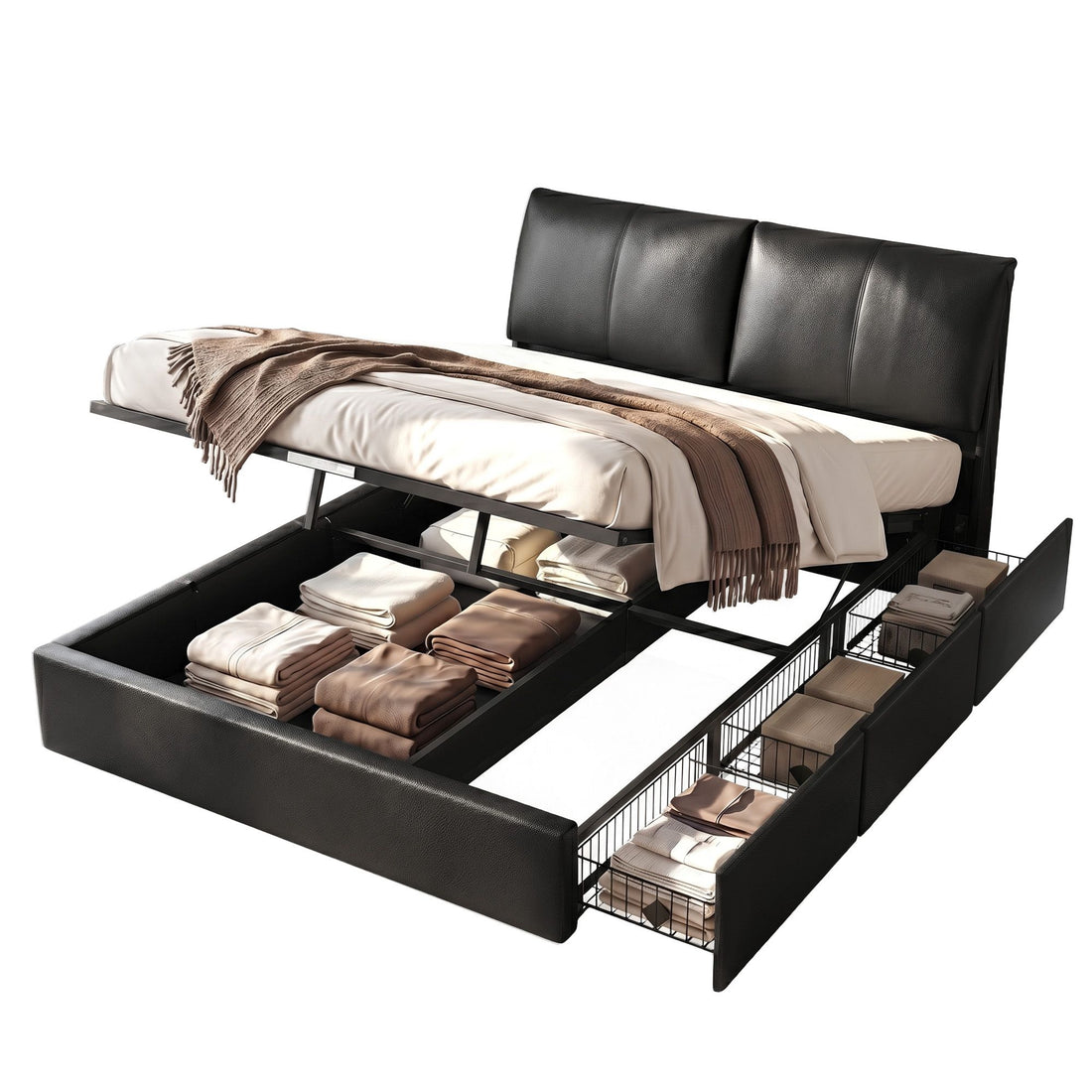 Artiss Queen Bed Frame Gas Lift Storage 3 Drawers Adjustable Headboard Platform Bed Black-Furniture > Bedroom > Beds &amp; Bed Frames-PEROZ Accessories