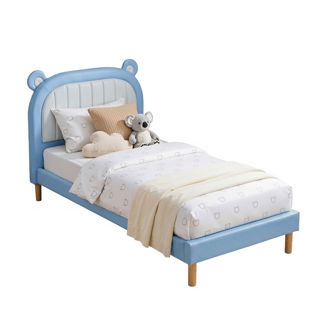 Artiss Kids King Single Bed Frame Upholstered Bear Headboard Waterproof Leather Boys Bed 180kg Capacity Blue and White-Furniture > Bedroom > Beds &amp; Bed Frames-PEROZ Accessories