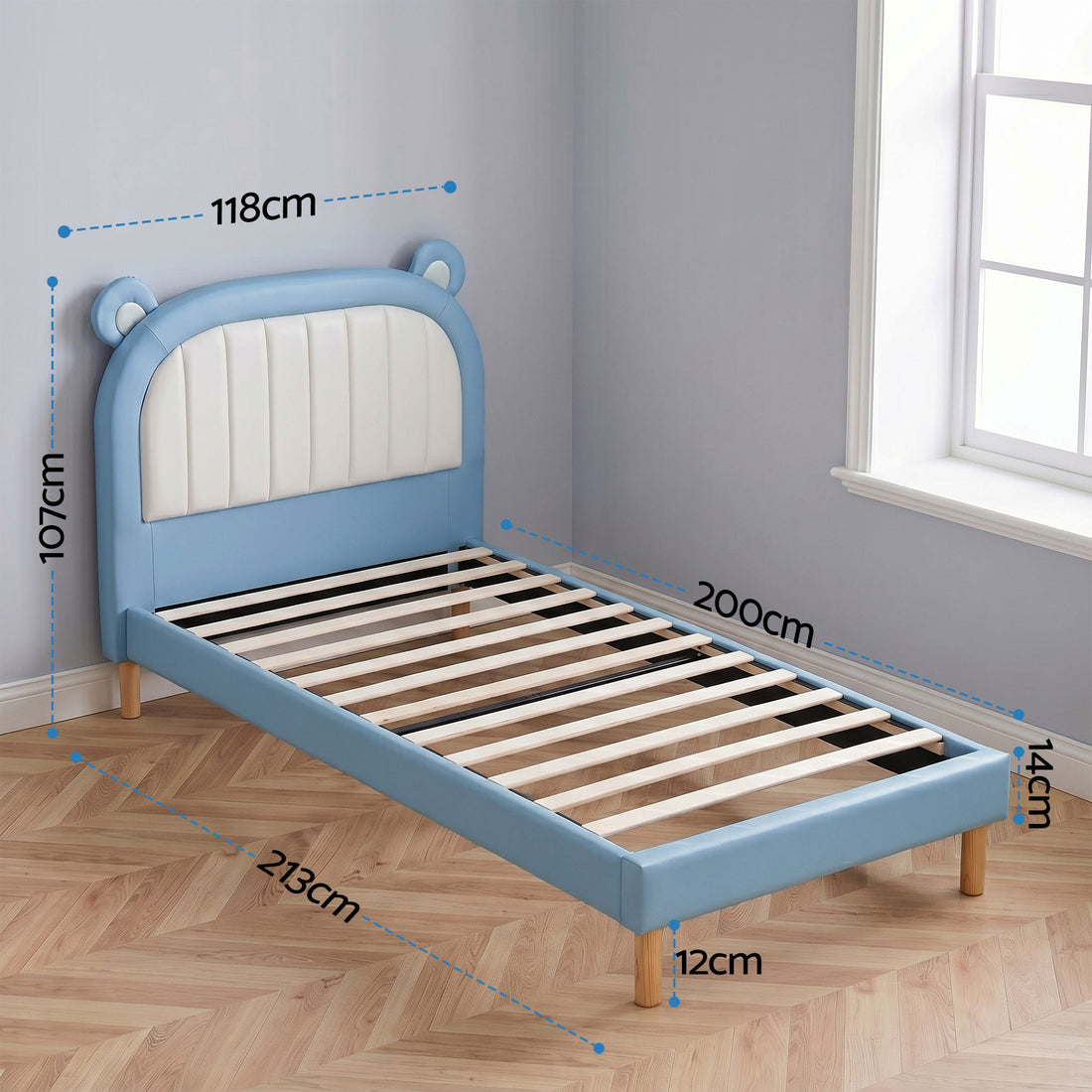 Artiss Kids King Single Bed Frame Upholstered Bear Headboard Waterproof Leather Boys Bed 180kg Capacity Blue and White-Furniture > Bedroom > Beds &amp; Bed Frames-PEROZ Accessories