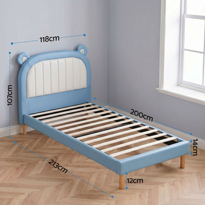 Artiss Kids King Single Bed Frame Upholstered Bear Headboard Waterproof Leather Boys Bed 180kg Capacity Blue and White-Furniture > Bedroom > Beds &amp; Bed Frames-PEROZ Accessories