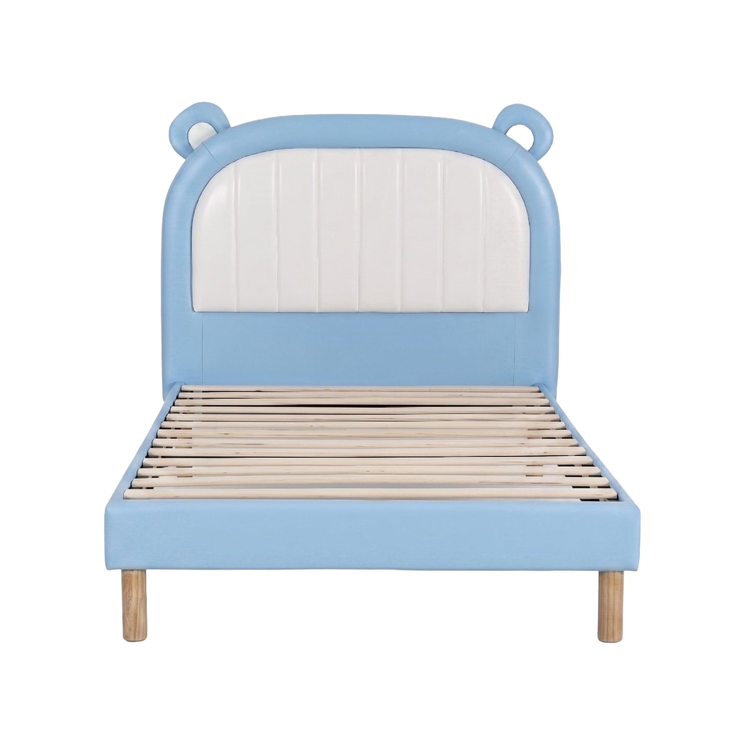 Artiss Kids King Single Bed Frame Upholstered Bear Headboard Waterproof Leather Boys Bed 180kg Capacity Blue and White-Furniture > Bedroom > Beds &amp; Bed Frames-PEROZ Accessories