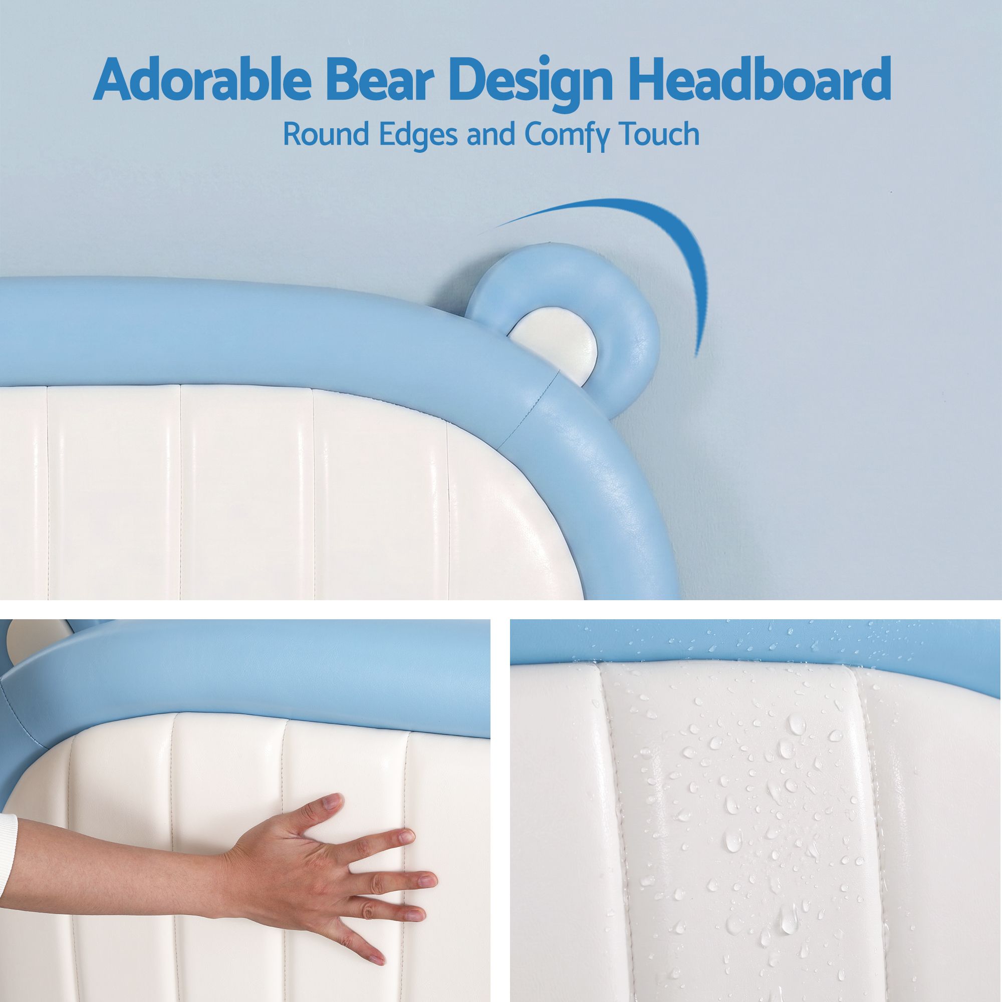 Artiss Kids King Single Bed Frame Upholstered Bear Headboard Waterproof Leather Boys Bed 180kg Capacity Blue and White-Furniture > Bedroom > Beds &amp; Bed Frames-PEROZ Accessories