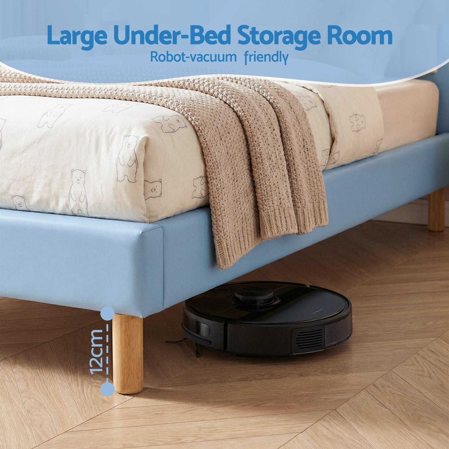 Artiss Kids King Single Bed Frame Upholstered Bear Headboard Waterproof Leather Boys Bed 180kg Capacity Blue and White-Furniture > Bedroom > Beds &amp; Bed Frames-PEROZ Accessories