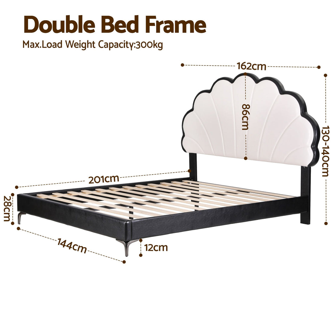 Artiss Double Bed Frame with Adjustable Shell Headboard and PVC Upholstery-Furniture > Bedroom > Beds &amp; Bed Frames-PEROZ Accessories