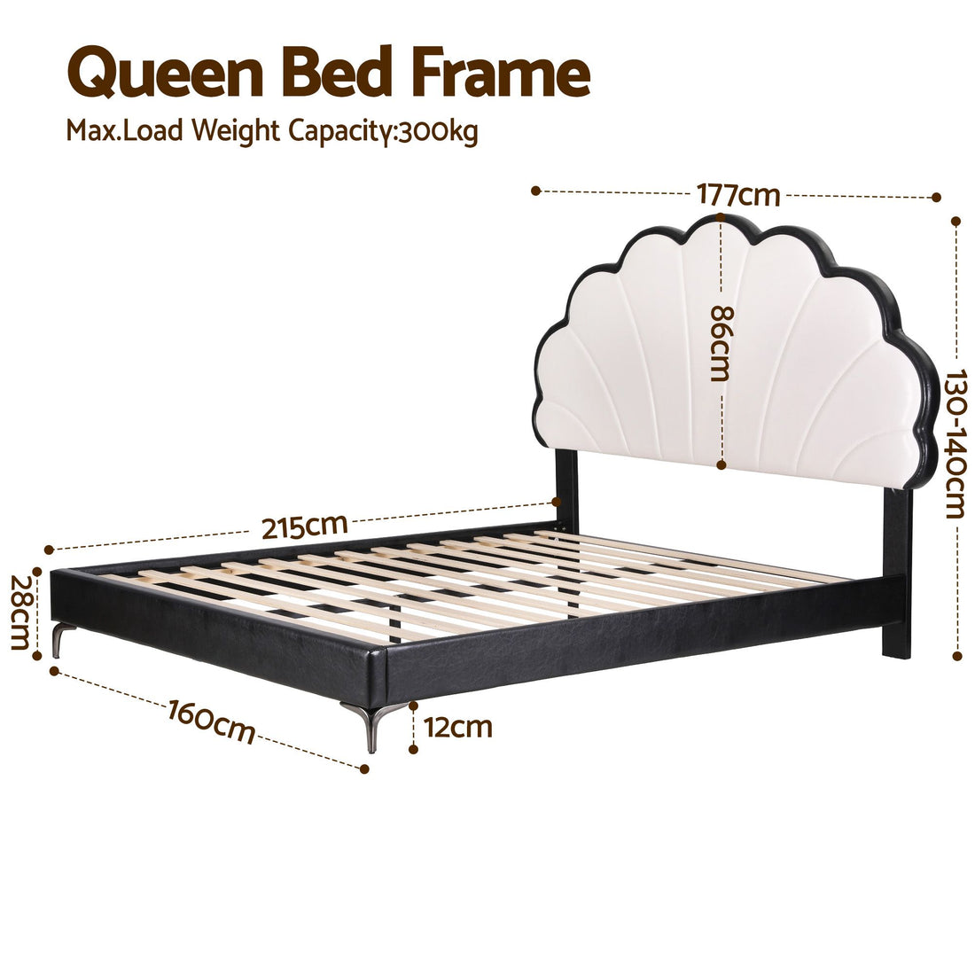 Artiss Queen Bed Frame with Adjustable Shell Headboard and PVC Upholstery-Furniture > Bedroom > Beds &amp; Bed Frames-PEROZ Accessories