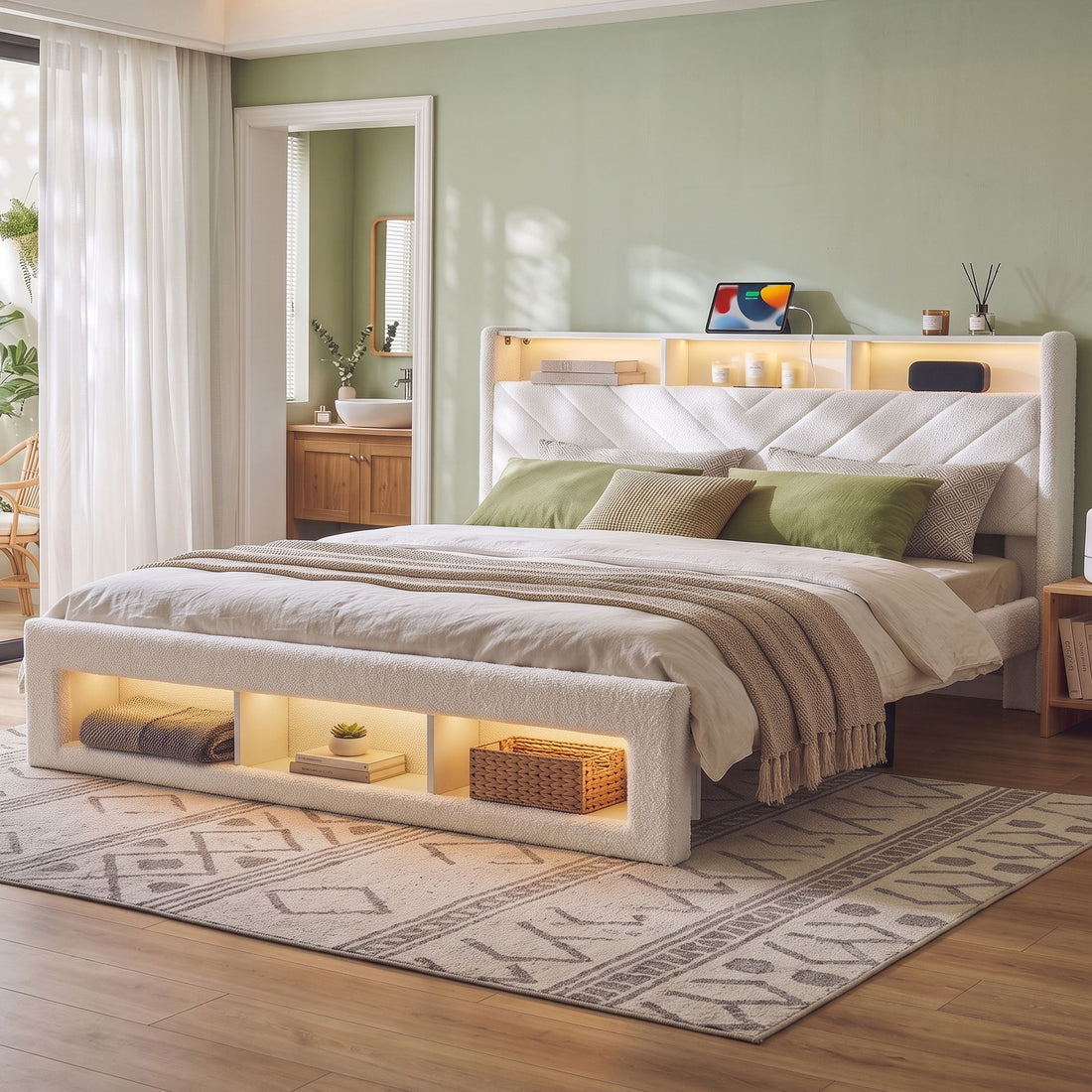 Artiss King Bed Frame with Storage, Charging Station &amp; LED, White-Furniture > Bedroom > Beds &amp; Bed Frames-PEROZ Accessories