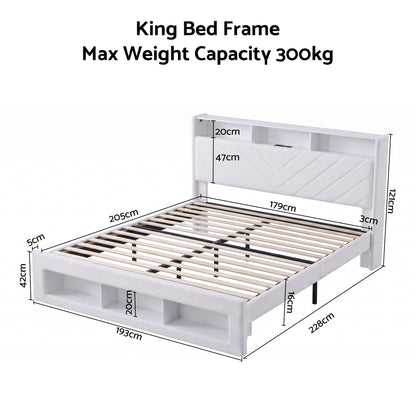 Artiss King Bed Frame with Storage, Charging Station &amp; LED, White