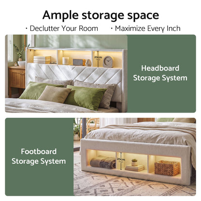 Artiss King Bed Frame with Storage, Charging Station &amp; LED, White