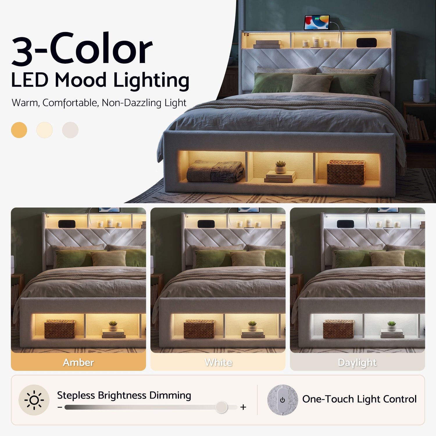 Artiss King Bed Frame with Storage, Charging Station &amp; LED, White