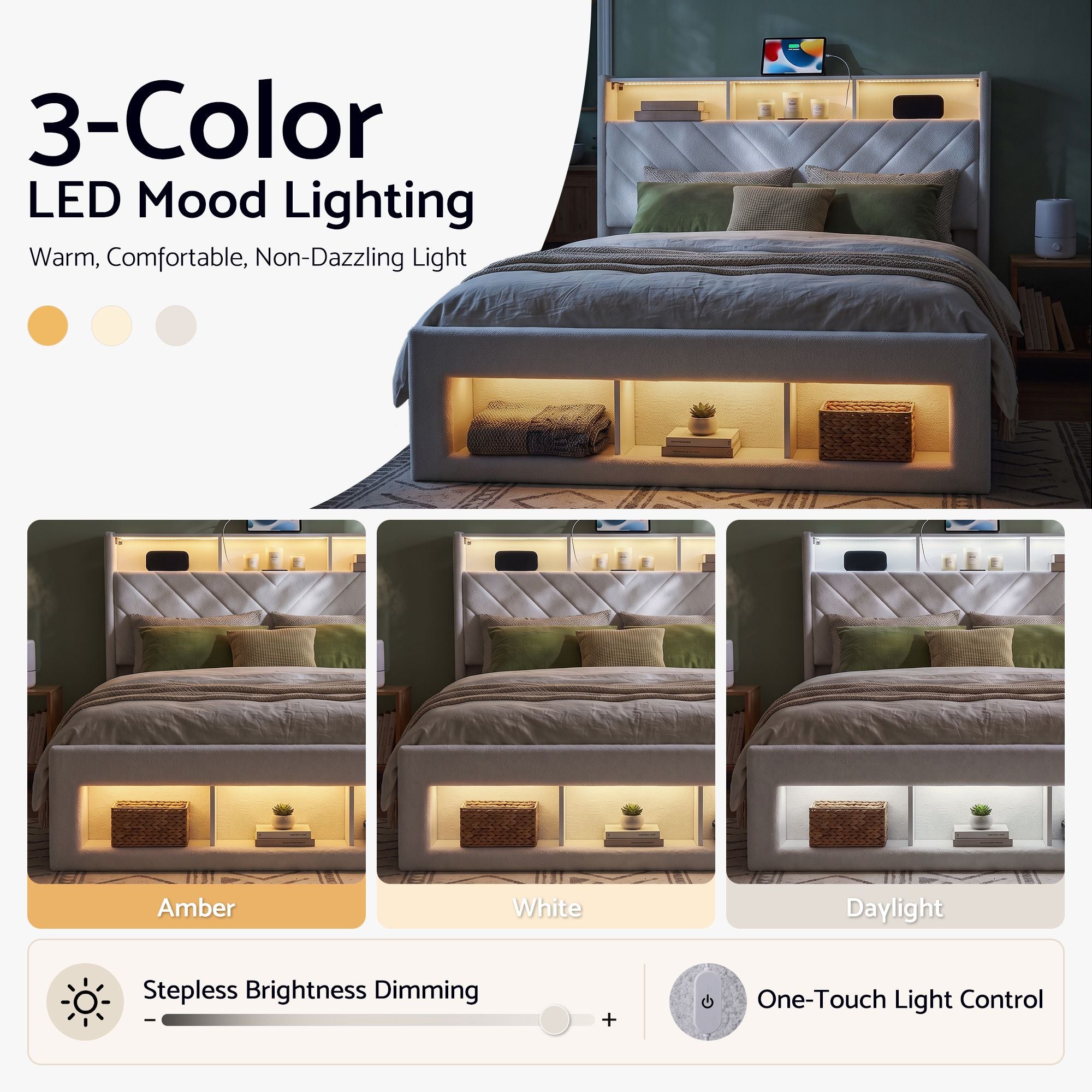 Artiss King Bed Frame with Storage, Charging Station &amp; LED, White