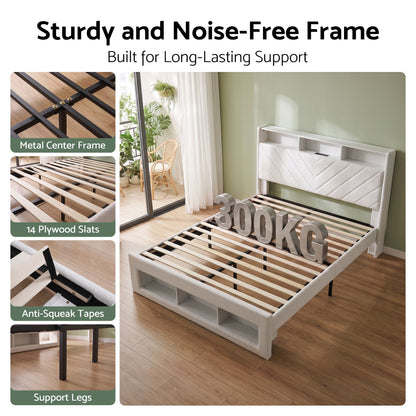 Artiss King Bed Frame with Storage, Charging Station &amp; LED, White