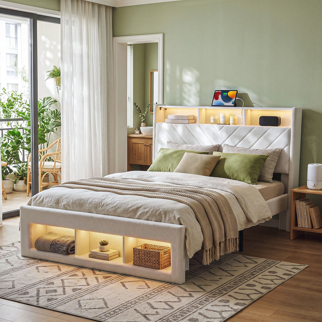 Artiss Queen Bed Frame with Storage Charging Station &amp; LED White-Furniture > Bedroom > Beds &amp; Bed Frames-PEROZ Accessories