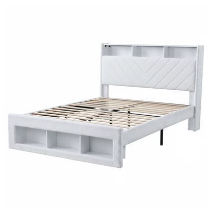 Artiss Queen Bed Frame with Storage Charging Station &amp; LED White