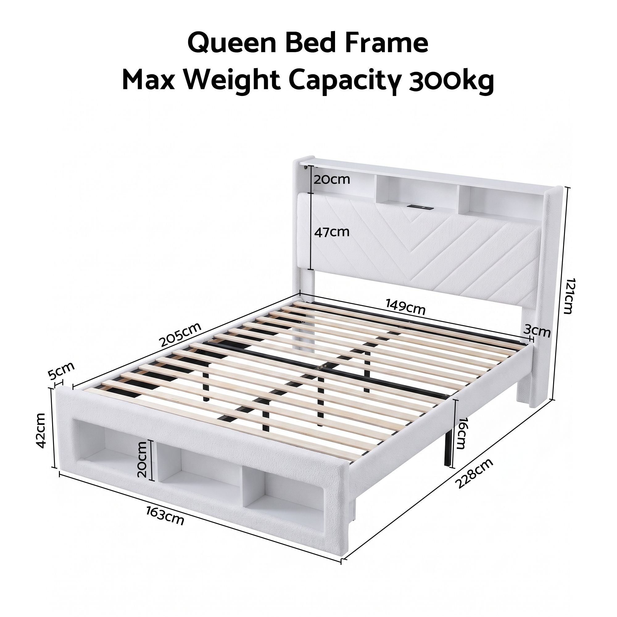 Artiss Queen Bed Frame with Storage Charging Station &amp; LED White