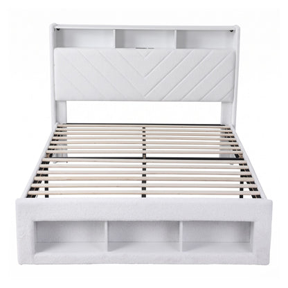Artiss Queen Bed Frame with Storage Charging Station &amp; LED White
