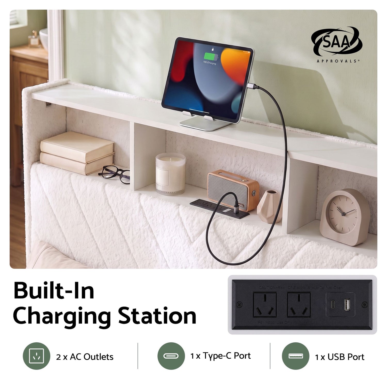 Artiss Queen Bed Frame with Storage Charging Station &amp; LED White