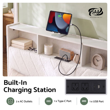 Artiss Queen Bed Frame with Storage Charging Station &amp; LED White