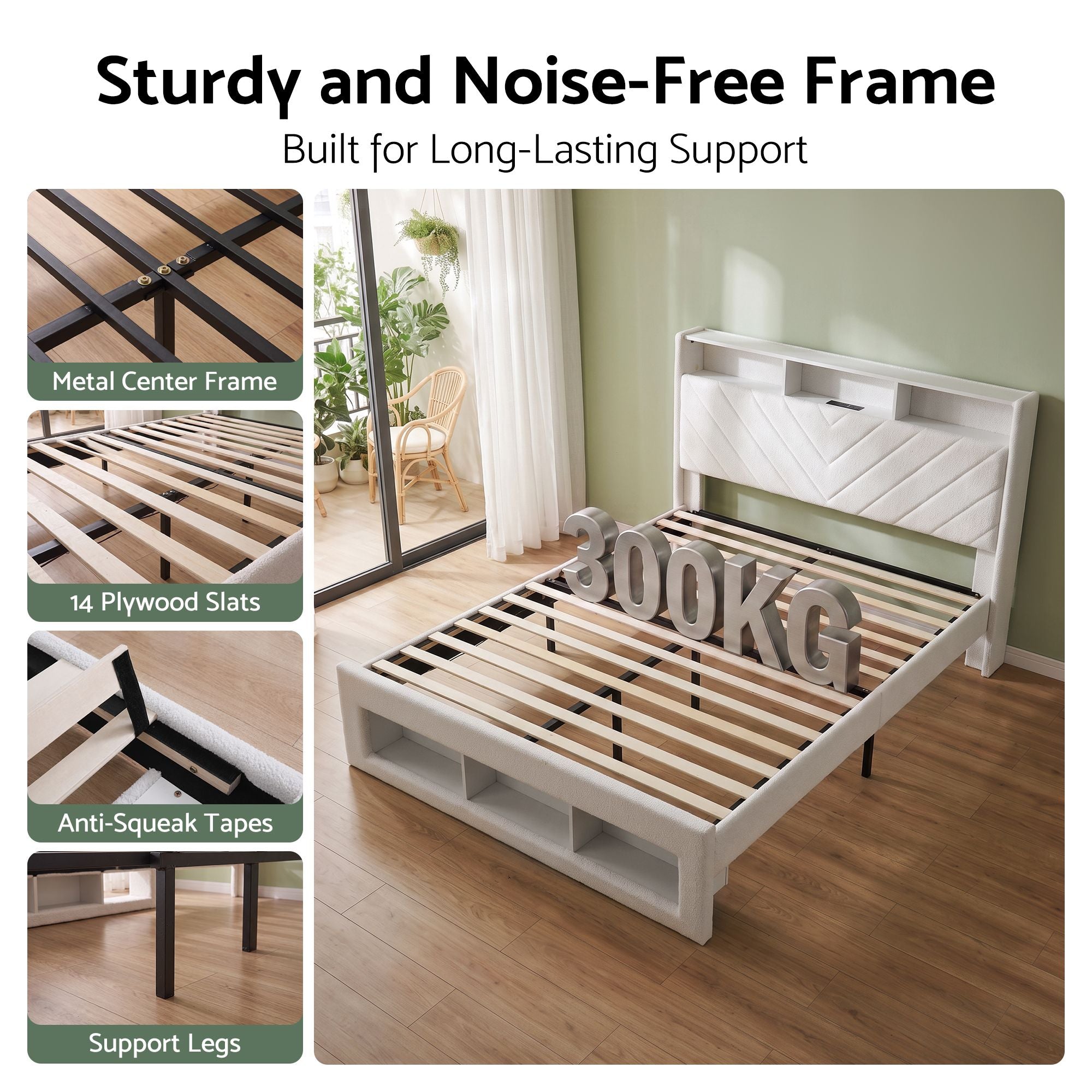 Artiss Queen Bed Frame with Storage Charging Station &amp; LED White