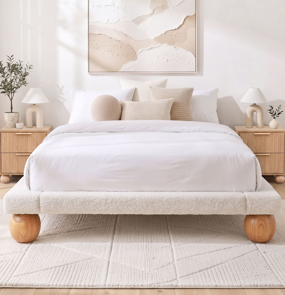 Artiss Queen Bed Frame and 2 Bedside Table Set, Boucle Upholstery Platform Bed-Furniture > Bedroom > Beds &amp; Bed Frames-PEROZ Accessories