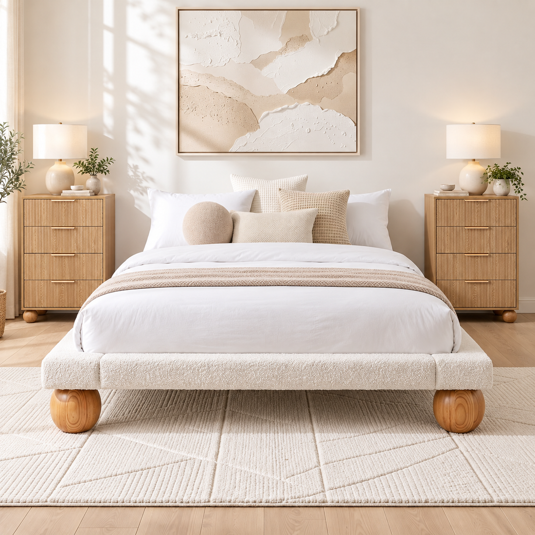 Artiss Queen Bed Frame and 2 Chest of Drawers Set, Boucle Upholstery Platform Bed-Furniture > Bedroom > Beds &amp; Bed Frames-PEROZ Accessories