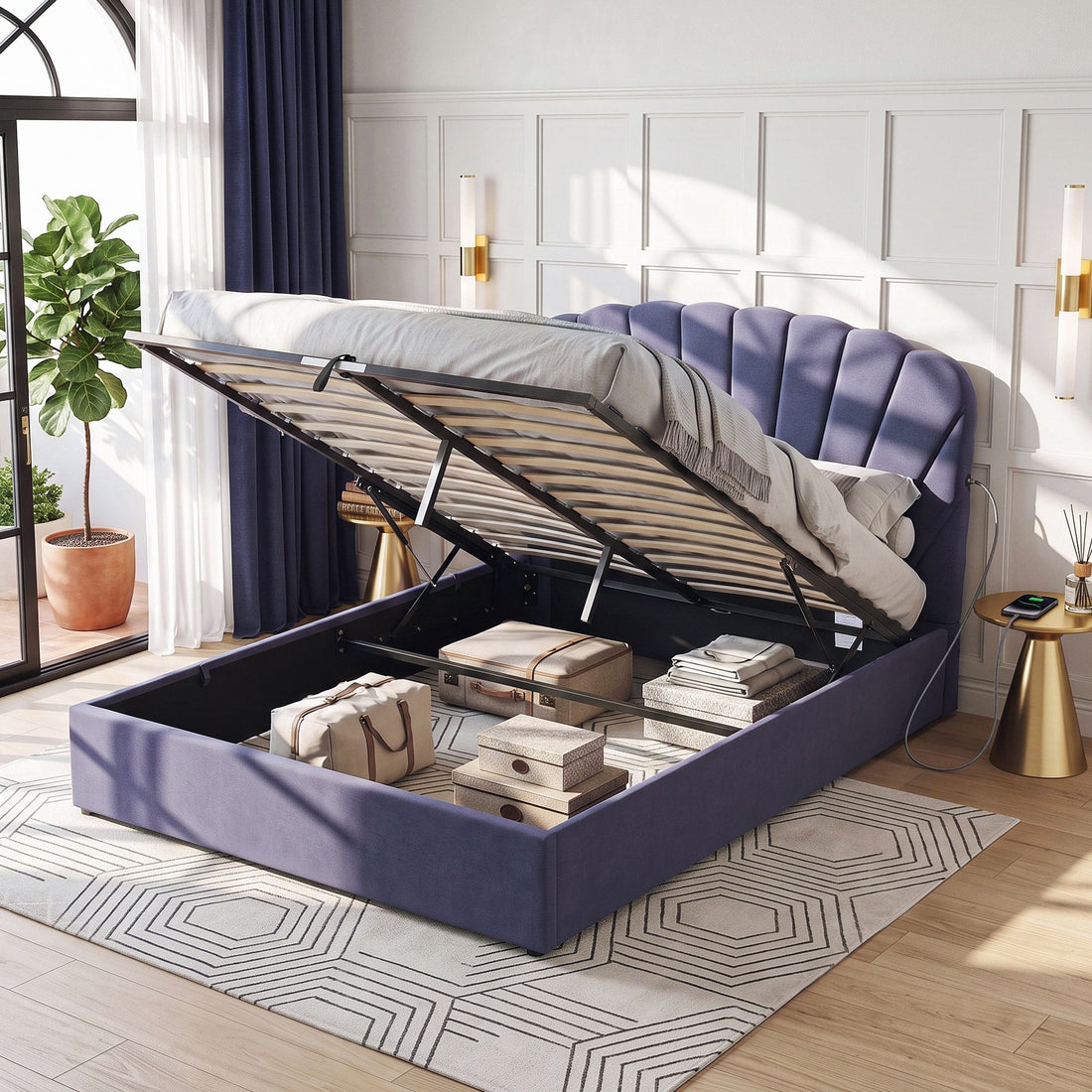 Artiss Queen Bed Frame with Lift Up Storage and USB Ports Grey-Furniture > Bedroom > Beds &amp; Bed Frames-PEROZ Accessories