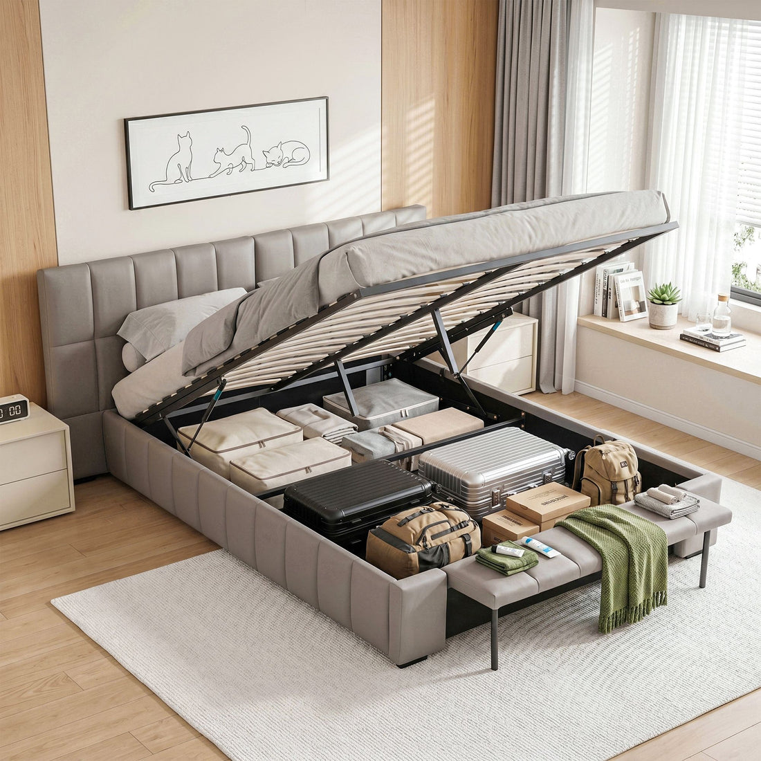 Artiss Queen Size Upholstered Gas Lift Bed Frame with Foldable Bench PVC Leather Platform Bed with Storage-Furniture > Bedroom > Beds &amp; Bed Frames-PEROZ Accessories