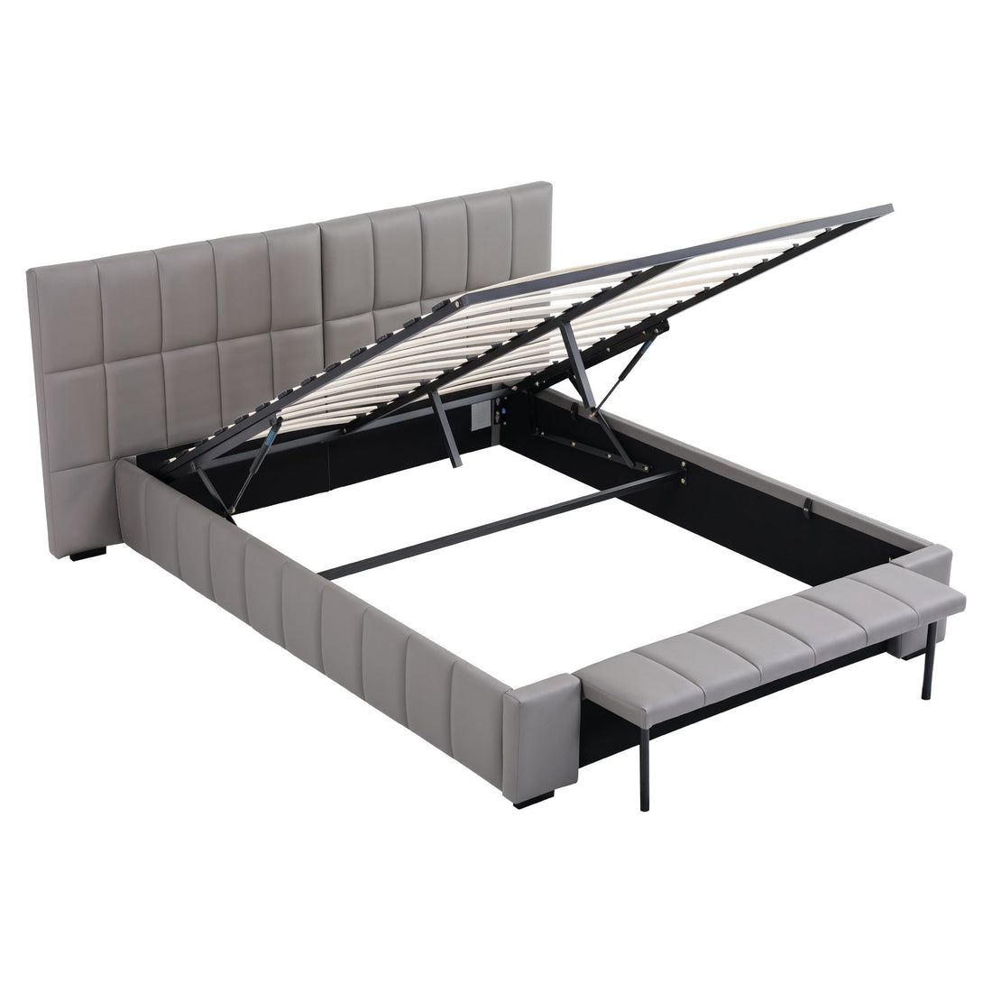 Artiss Queen Size Upholstered Gas Lift Bed Frame with Foldable Bench PVC Leather Platform Bed with Storage-Furniture > Bedroom > Beds &amp; Bed Frames-PEROZ Accessories
