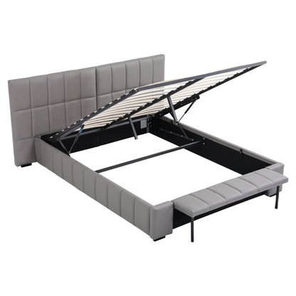 Artiss Queen Size Upholstered Gas Lift Bed Frame with Foldable Bench PVC Leather Platform Bed with Storage