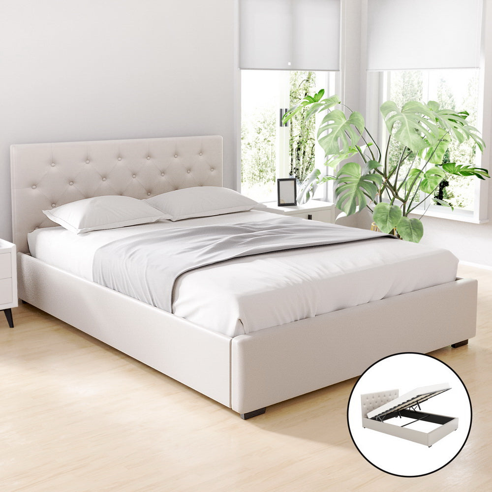 Artiss Bed Frame Double Size Gas Lift Beige VILA-Furniture &gt; Bedroom &gt; Beds &amp; Bed Frames-PEROZ Accessories