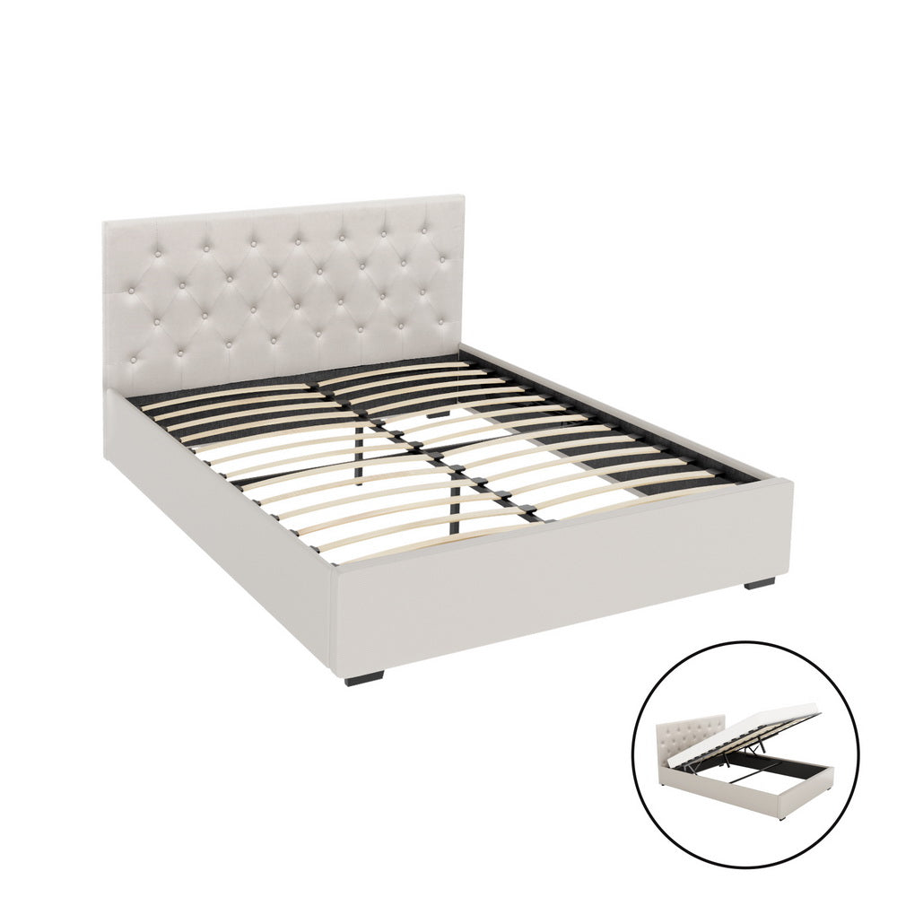 Artiss Bed Frame Queen Size Gas Lift Beige VILA-Furniture &gt; Bedroom &gt; Beds &amp; Bed Frames-PEROZ Accessories
