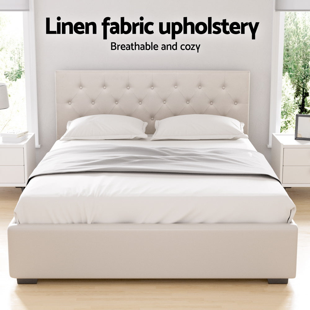 Artiss Bed Frame Queen Size Gas Lift Beige VILA-Furniture &gt; Bedroom &gt; Beds &amp; Bed Frames-PEROZ Accessories