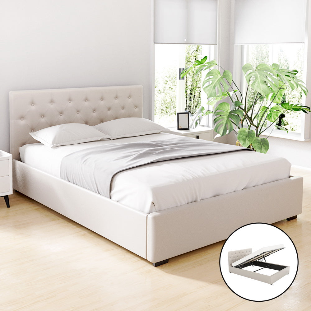 Artiss Bed Frame Queen Size Gas Lift Beige VILA-Furniture &gt; Bedroom &gt; Beds &amp; Bed Frames-PEROZ Accessories