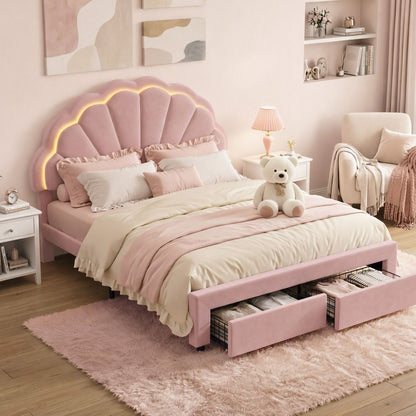 Artiss Double Bed Frame with 2 Storage Drawers Upholstered Velvet Platform Bed LED Headboard Pink