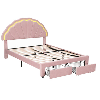 Artiss Double Bed Frame with 2 Storage Drawers Upholstered Velvet Platform Bed LED Headboard Pink